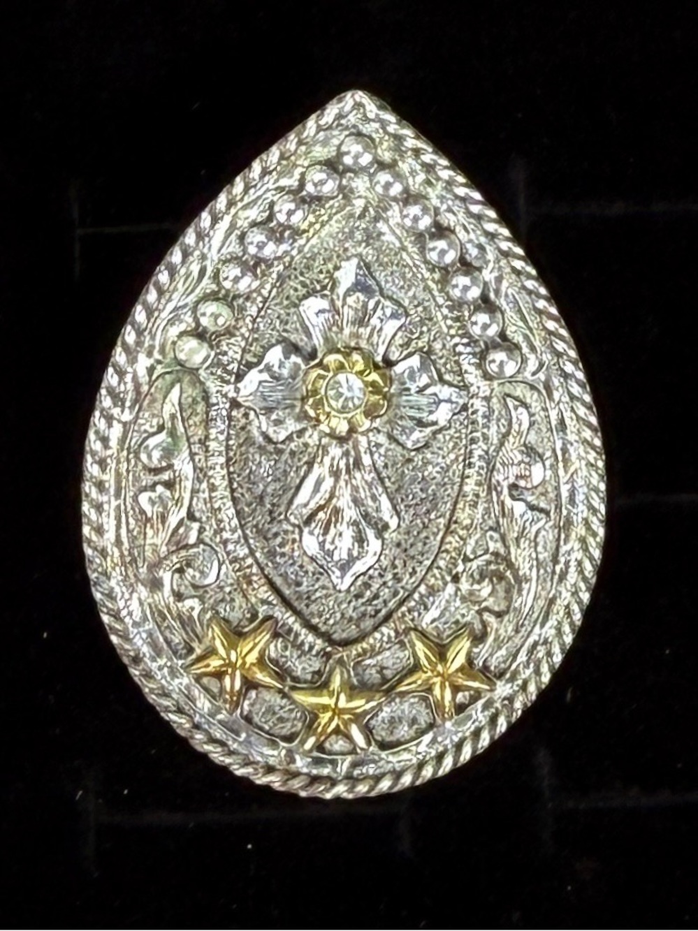 Vintage two tone Silvertone and Goldtone Etched Teardrop Pendant